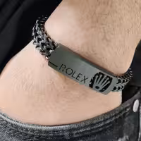 دستبند مارک رولکس مشکی برند و پلاک دار استیل رنگ ثابت کد03