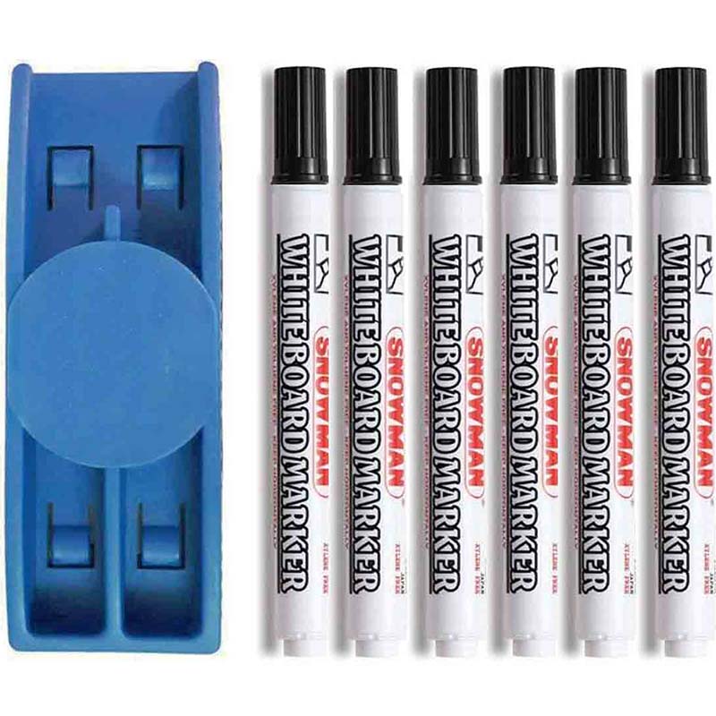 خرید تخته پاک کن مغناطیسی جا ماژیک دار همراه 6 عدد ماژیک وایت برد اسنومن مشکی