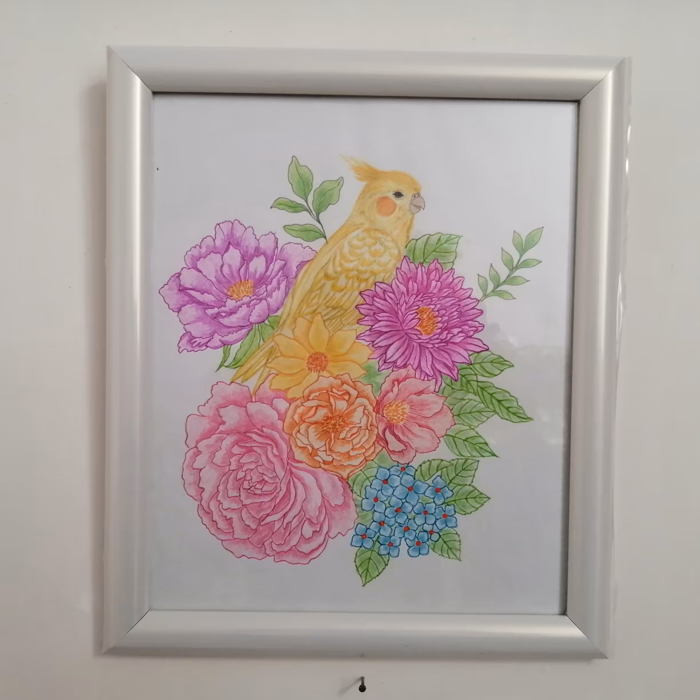 تابلو نقاشی با مداد رنگی و روان نویس طرح پرنده و گل