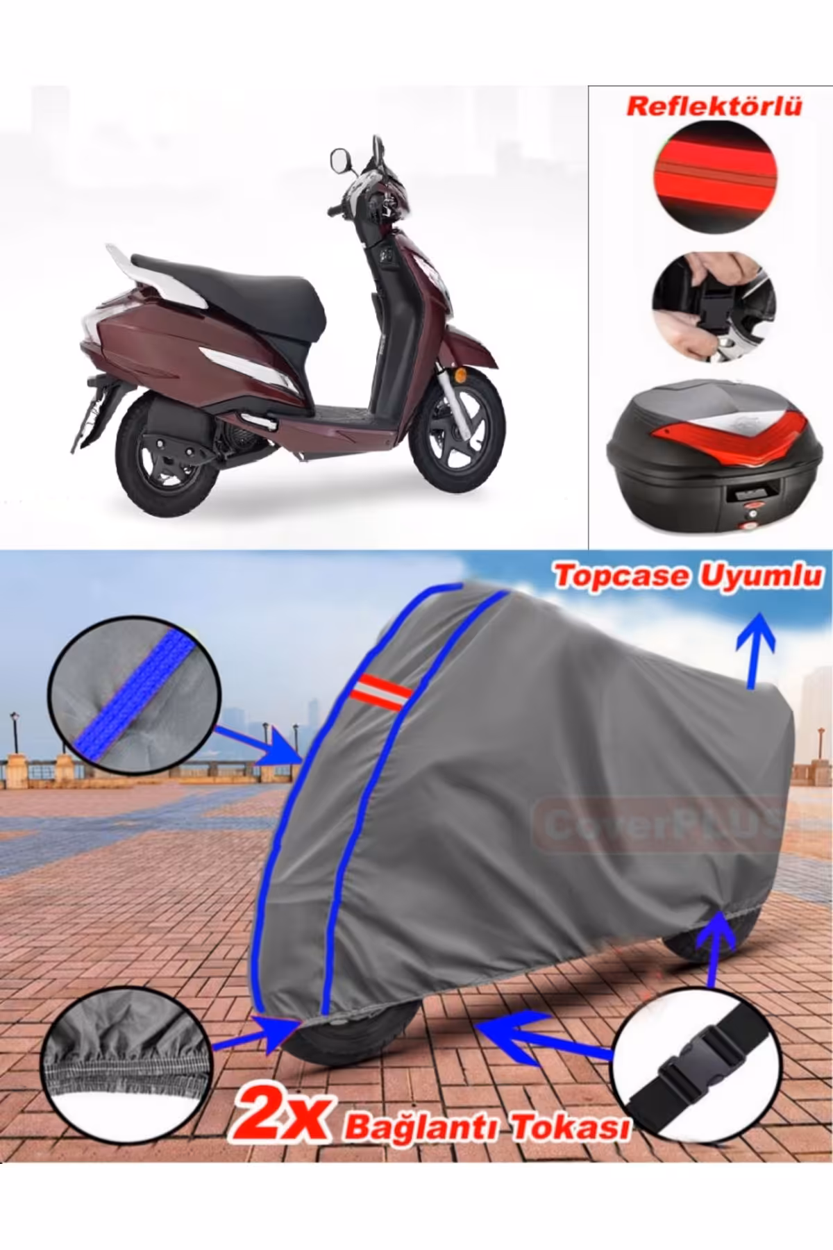 چادر موتورسیکلت خاکستری دوخت آبی هوندا اکتیو 100 براندا کیسه عقب CoverPlus