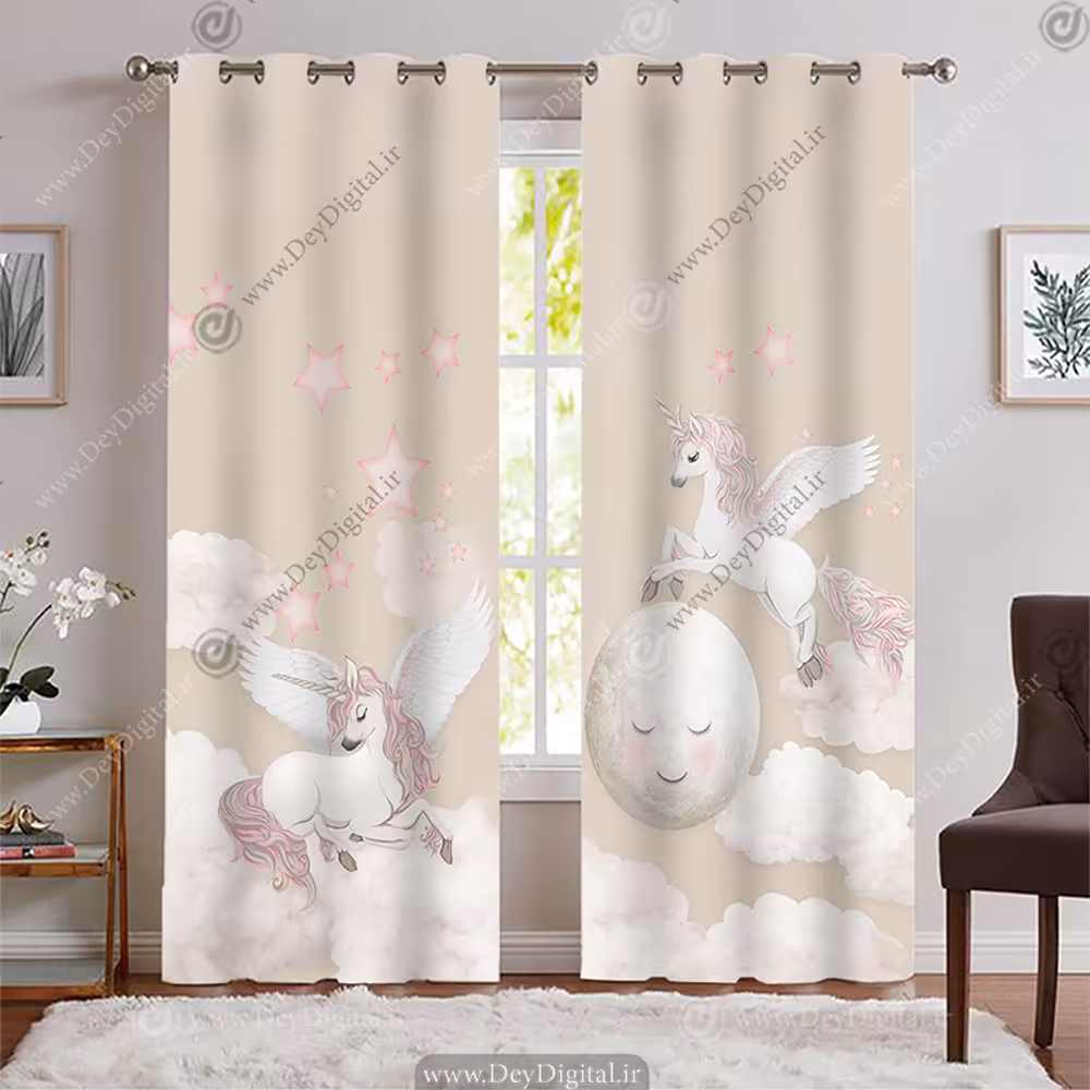 پرده چاپی کودک دختر طرح فانتزی تکشاخ ها در آسمان WA-2187