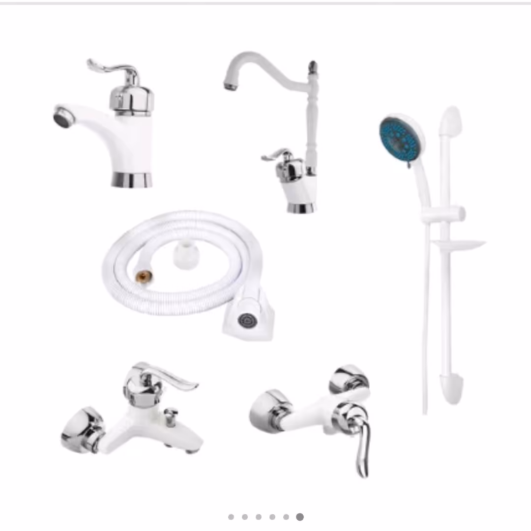 ست کامل شیرآلات قاجاری سفید کروم و علم دوش تک کاره و شیلنگ توالت 