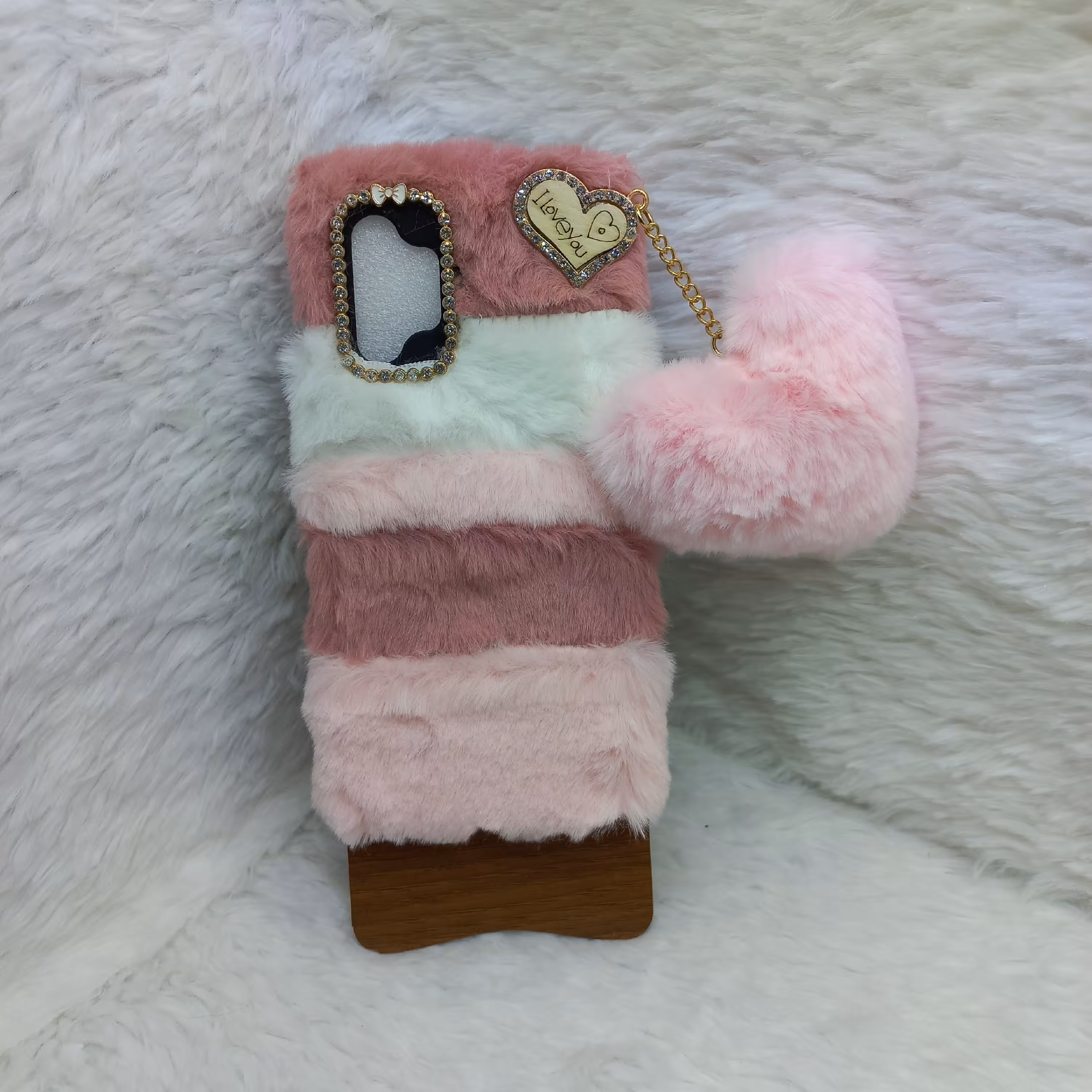 گارد (قاب) گوشی دخترانه A32 4G مدل خزدار با آویز قلب رنگ صورتی راه راه مناسب گوشی Samsung A32 4G