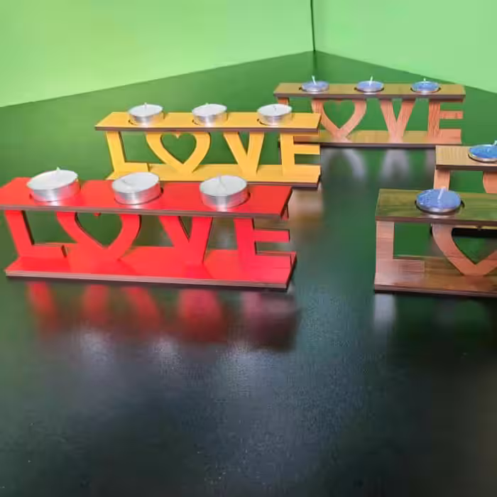 جا شمعی چوبی طرح لاو (LOVE) قرمز رومیزی جا شمع وارمر چوب ام دی اف سه میلی
