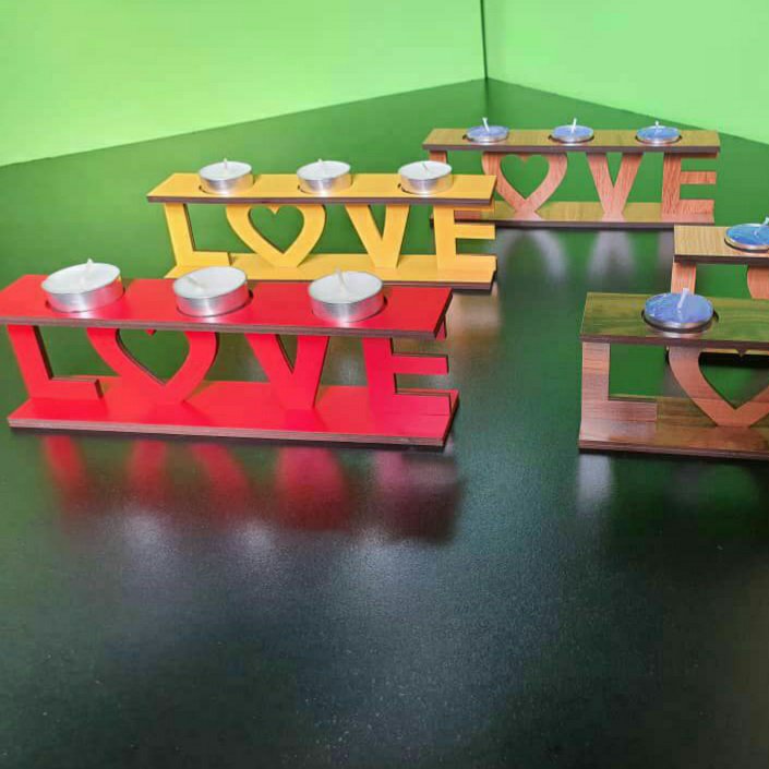 جا شمعی چوبی طرح لاو (LOVE) قرمز رومیزی جا شمع وارمر چوب ام دی اف سه میلی