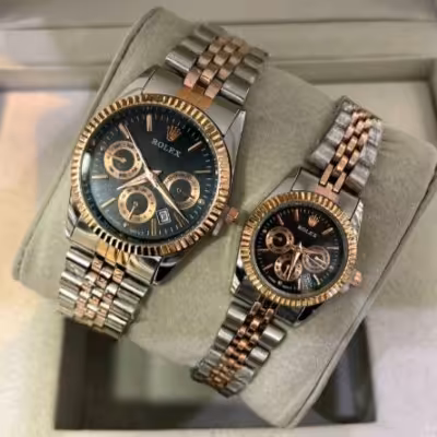 ساعت ست رولکس طرح 3 موتوره صفحه مشکی بند دو رنگ