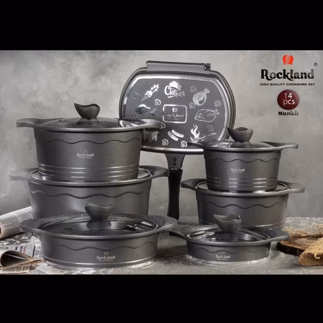 سرویس قابلمه چدن گرانیت 14 پارچه برند راکلند مدل مونیخ رنگ طوسی 