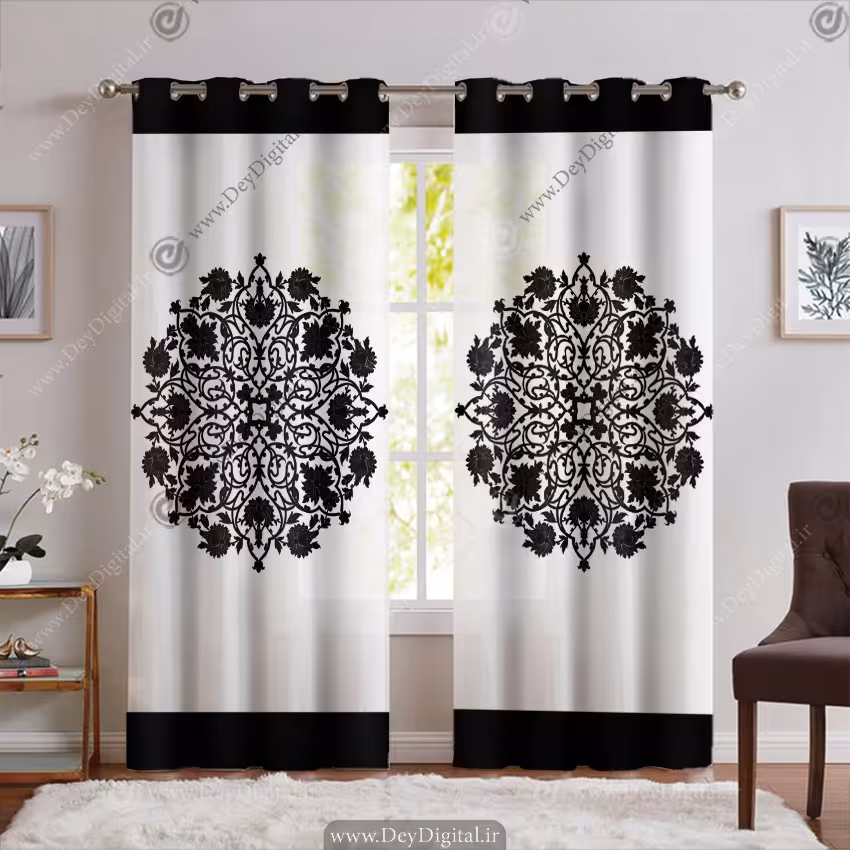 پرده پانچی مدل گل شمسه سفید مشکی SA-3999