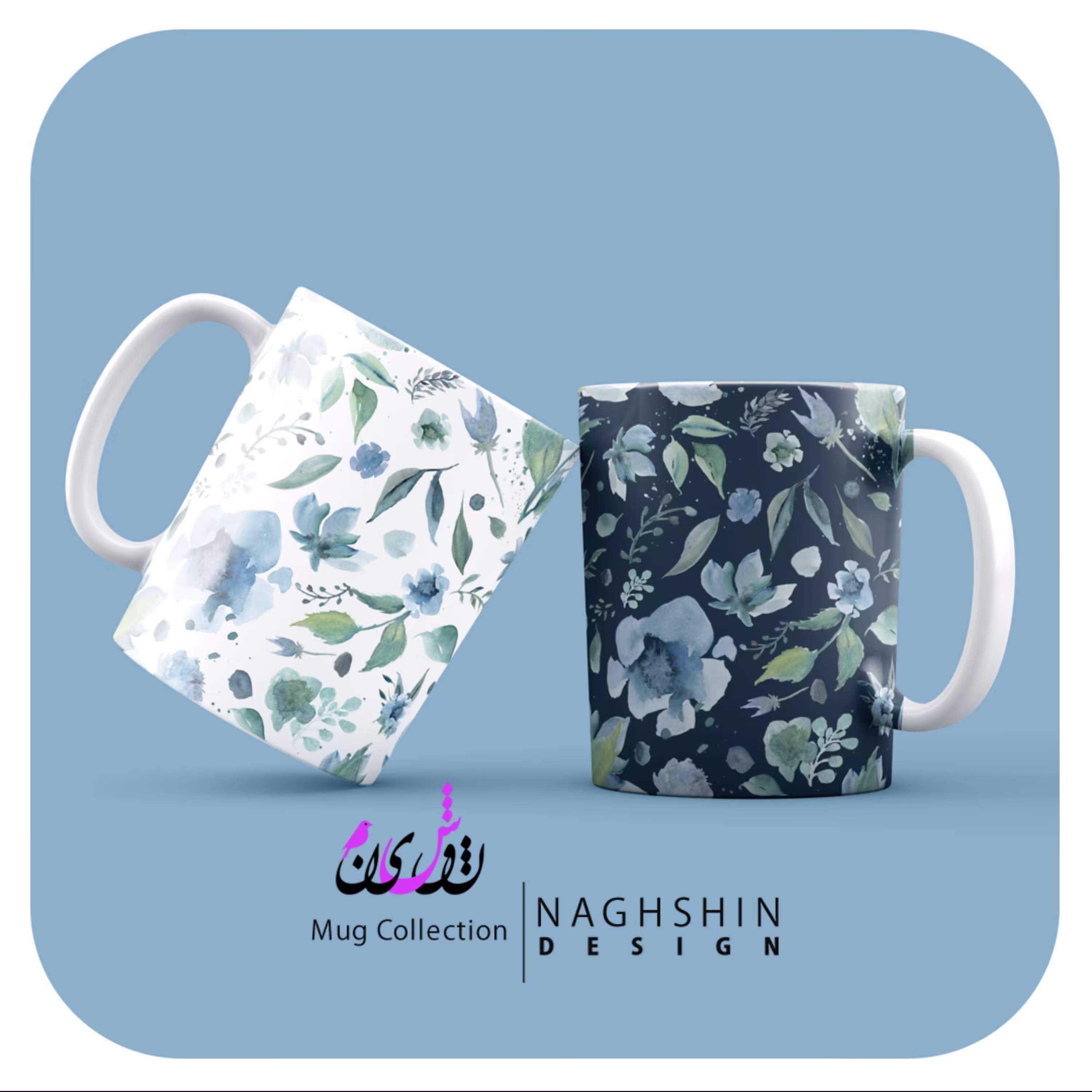 دو عدد ماگ سرامیکی طرح باران گل های آبی (مجموعه دو عددی)