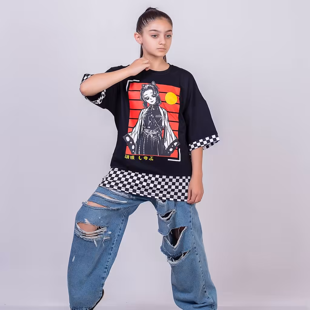 تیشرت لانگ دخترانه شطرنجی طرح انیمه