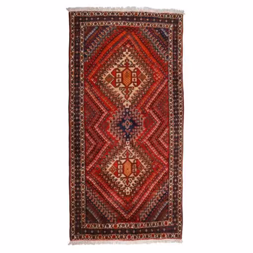 فرش قدیمی دستباف 5 متری طرح قشقایی مدل نقشه حوضی کد 1403930