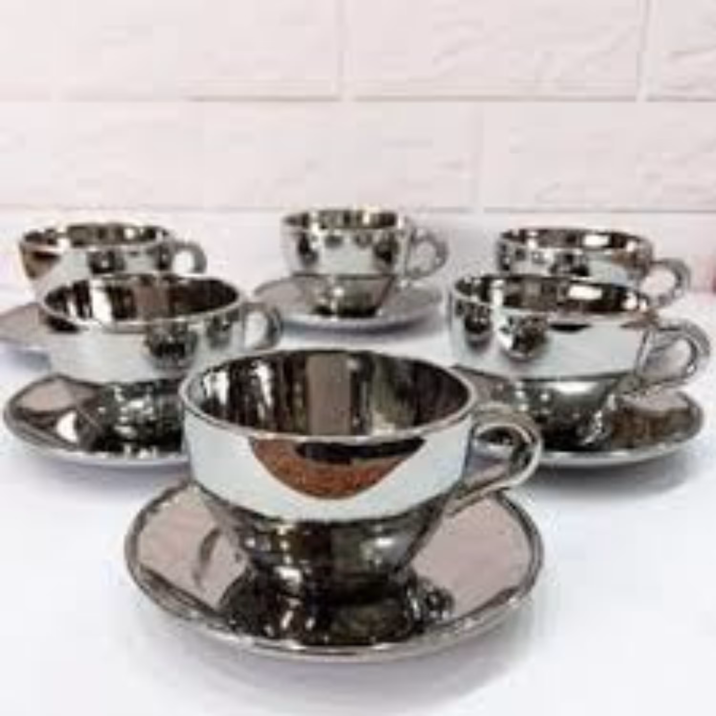 سرویس فنجان نعلبکی بلور چایی خوری رنگ نقره ای 