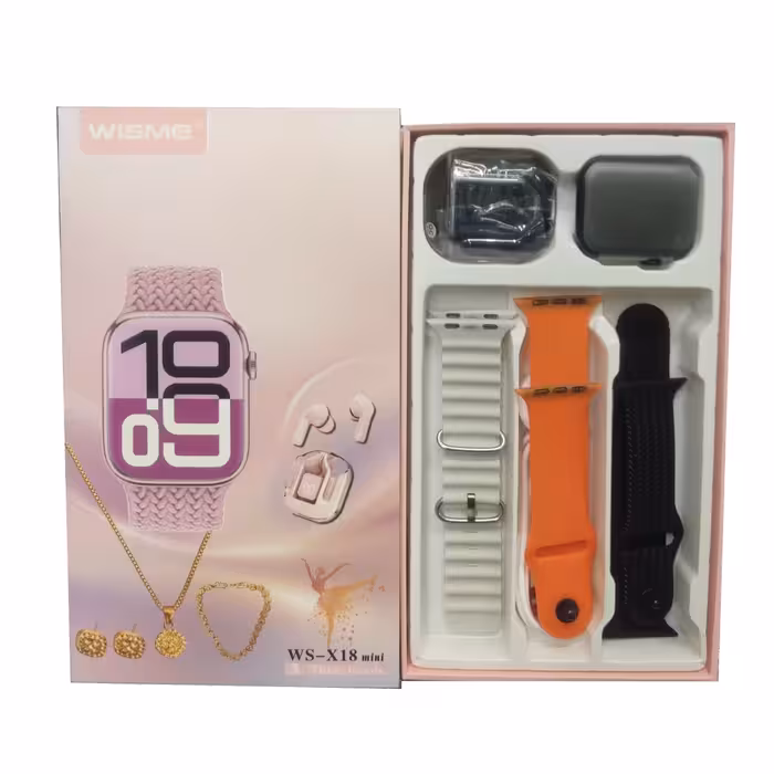 پک ویژه ساعت هوشمند و ایرپاد شیشه ای ویسمی مدل ws-x18 mini بهمراه بدلیجات زنانه