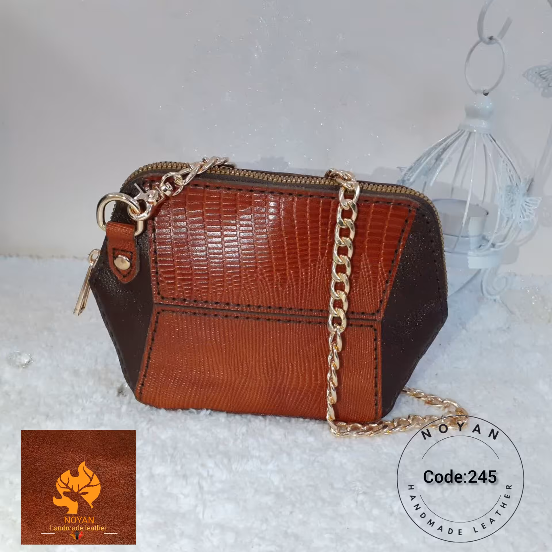 کیف چرم طبیعی دستدوز شش ضلعی تکه دوزی