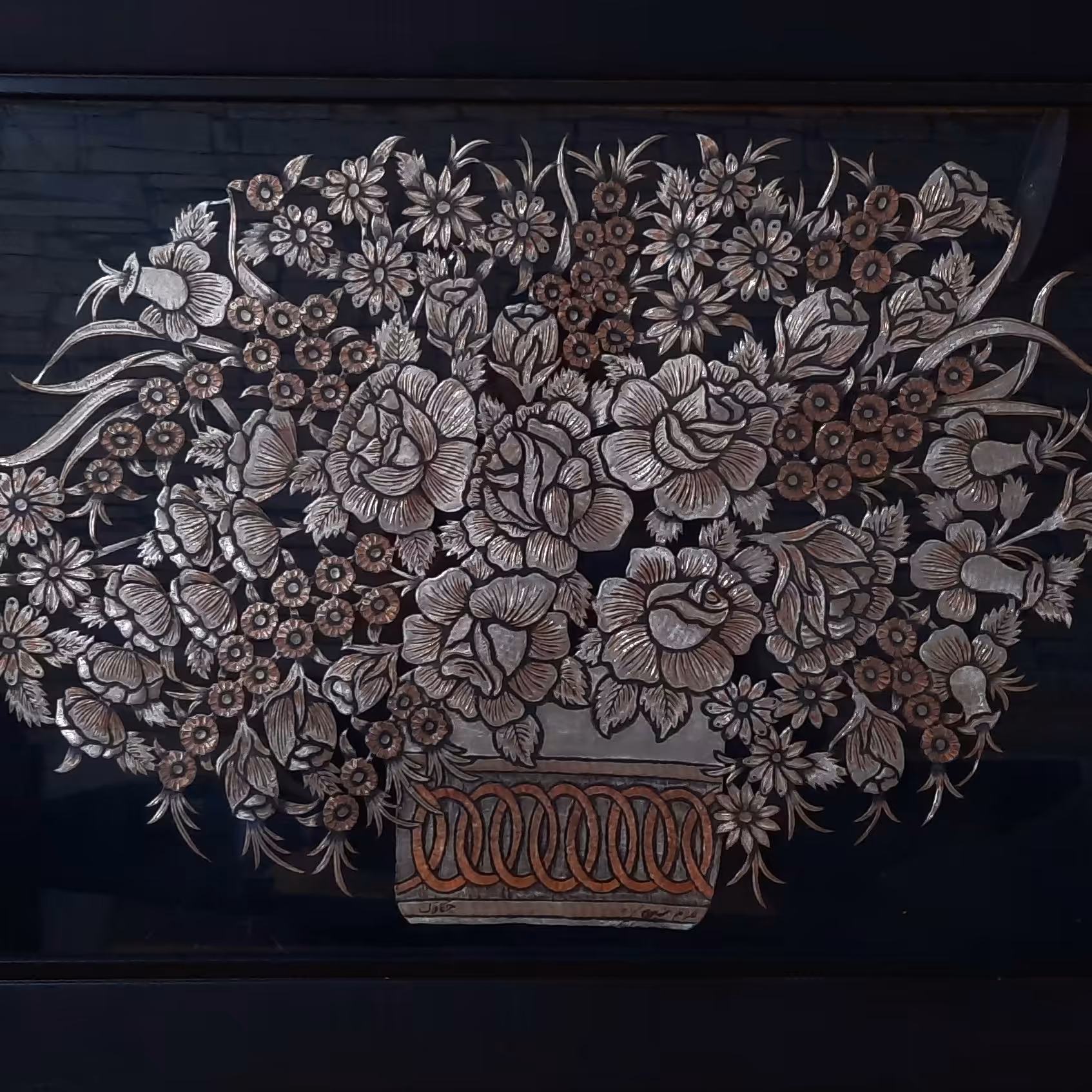 تابلوی قلم زنی روی مس طرح سبد گل سایز بزرگ 