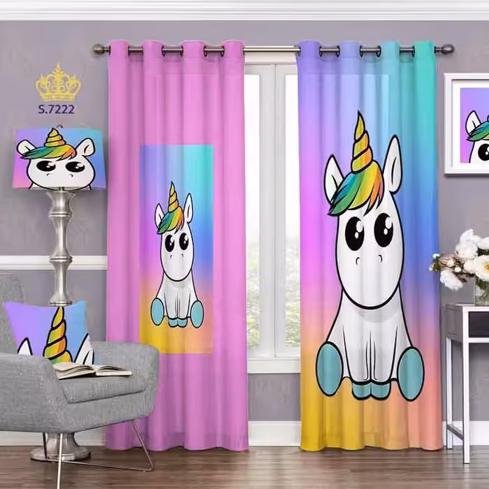 پرده اتاق خواب کودک دو قواره طرح اسب تک شاخ یا یونی کورن کد S7222