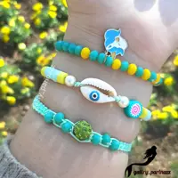 ست دستبند فیمو و کریستال آبی و زرد با پلاک تک شاخ و صدف دستساز (3 تایی) 
