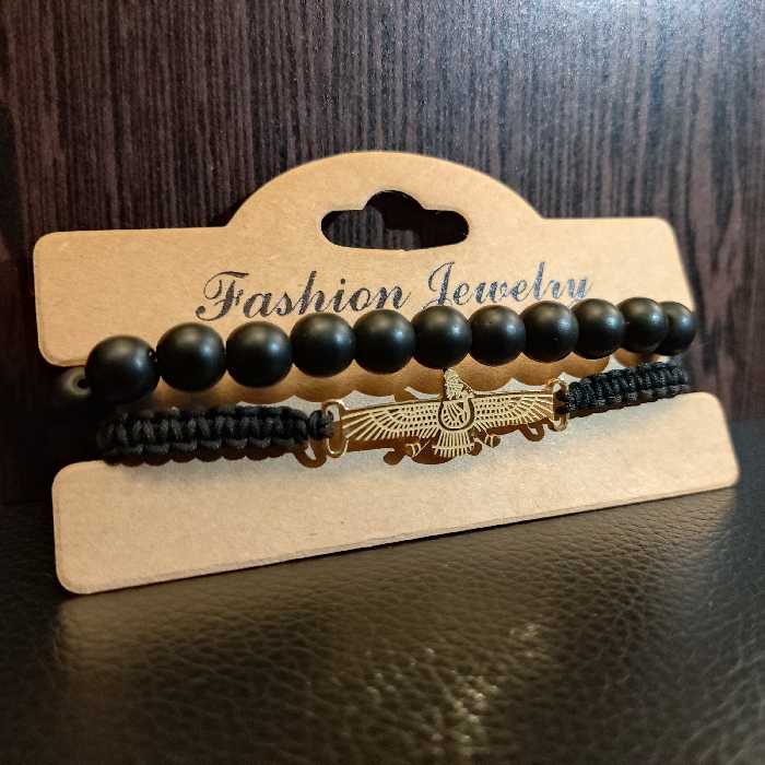 دستبند سنگ و بافت پلاک فروهر مشکی