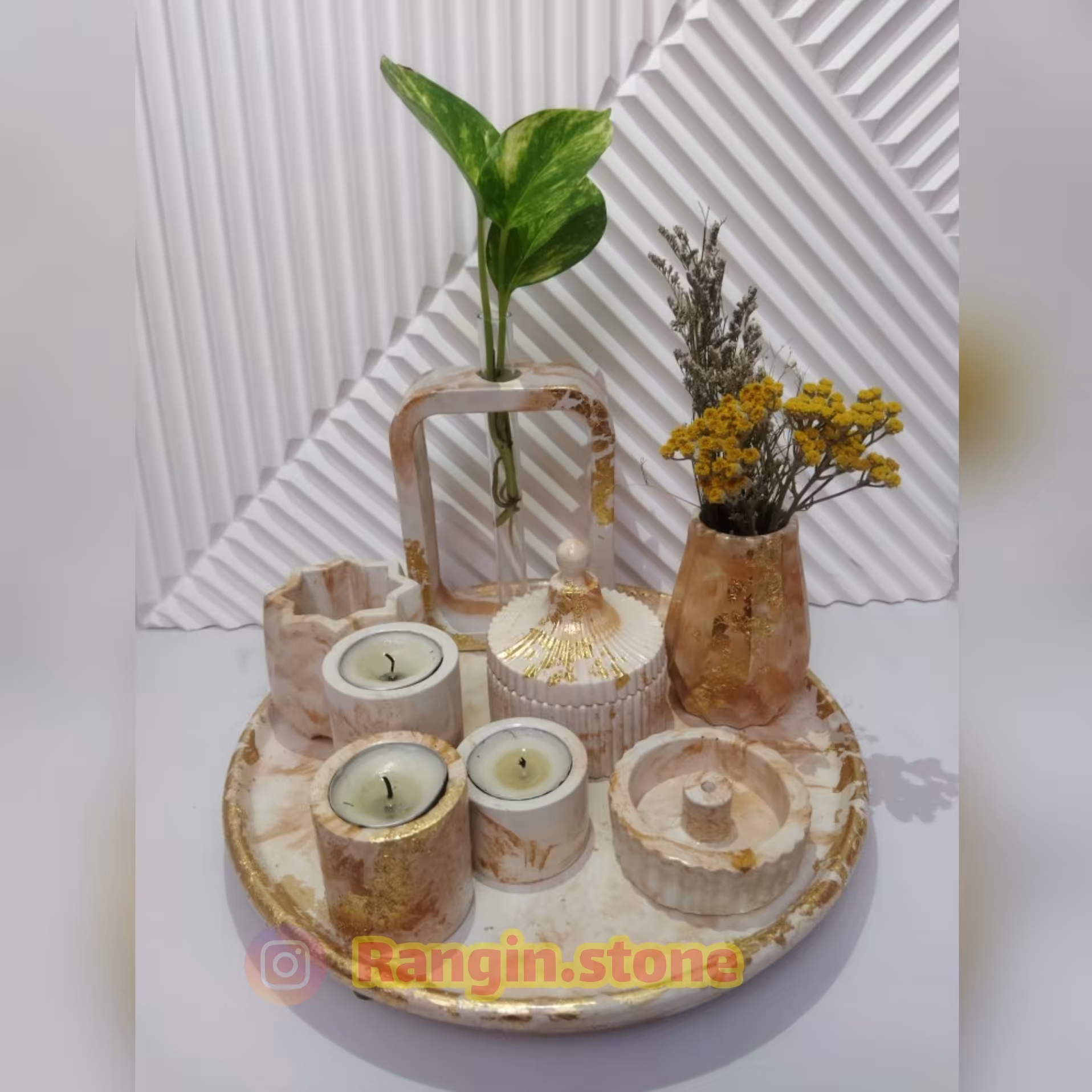 ست دکوری تزئینی 9 تکه رومیزی بتنی سنگ مصنوعی سینی گرد،شمع سه تکه،گلدان متوسط،گلدان کوچک،گلدان گلجا،جا عودی ایستاده،قندان