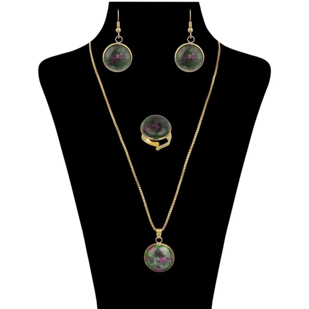 نیم ست سنگ اصل روبی زئوسیت مدل دایره با زنجیر استیل