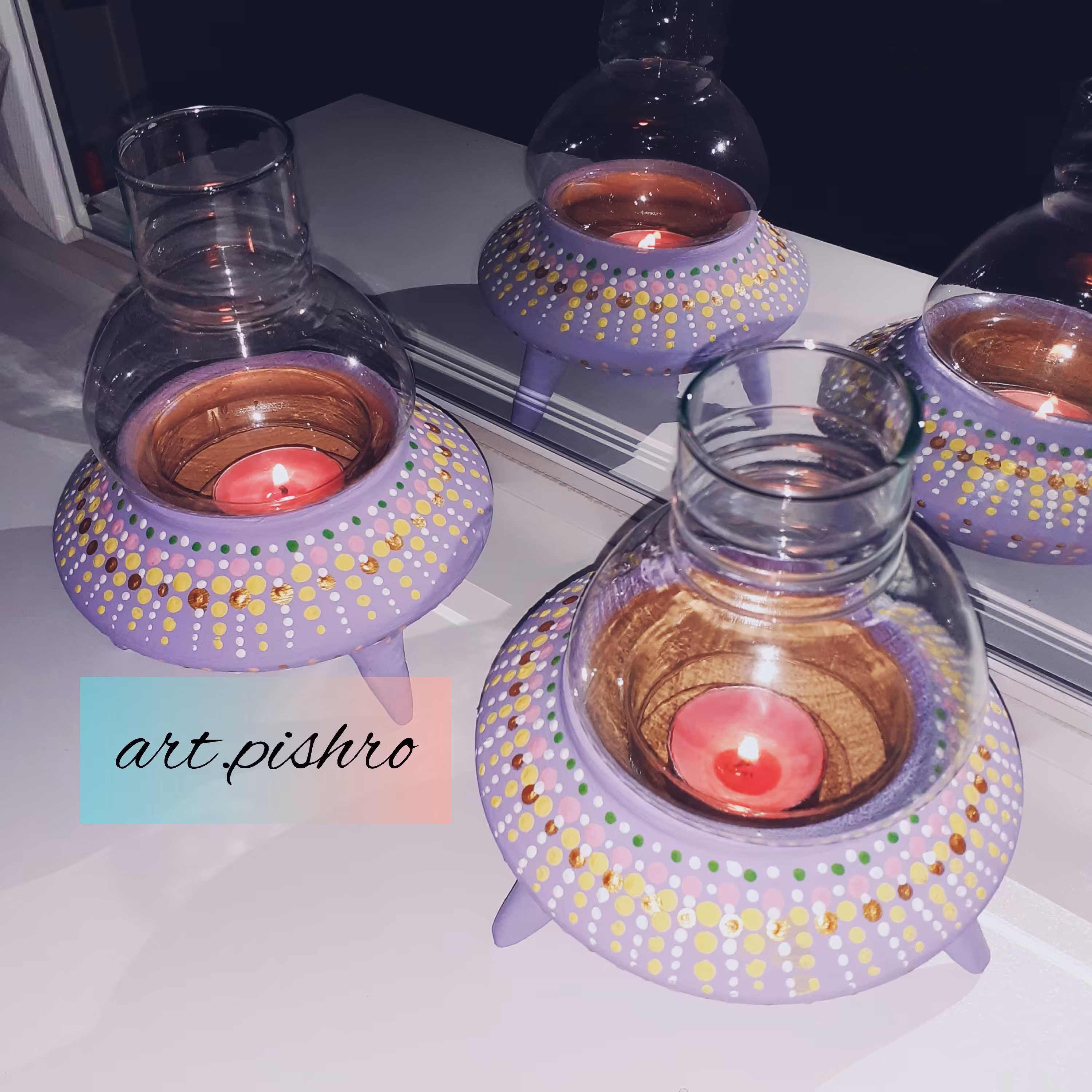 چراغ وارمری یا جاشمعی وارمری سه پایه نقطه کوبی شده رنگ یاسی