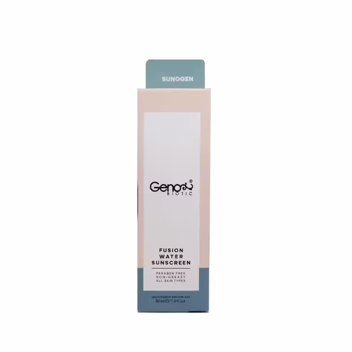 فلوئید ضد آفتاب فاقد رنگ ژنوبایوتیک مدل Fusion Water حاوی هیالورونیک اسید و ویتامین E با SPF50 حجم 30 میل

