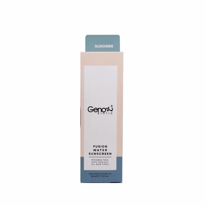 فلوئید ضد آفتاب فاقد رنگ ژنوبایوتیک مدل Fusion Water حاوی هیالورونیک اسید و ویتامین E با SPF50 حجم 30 میل

