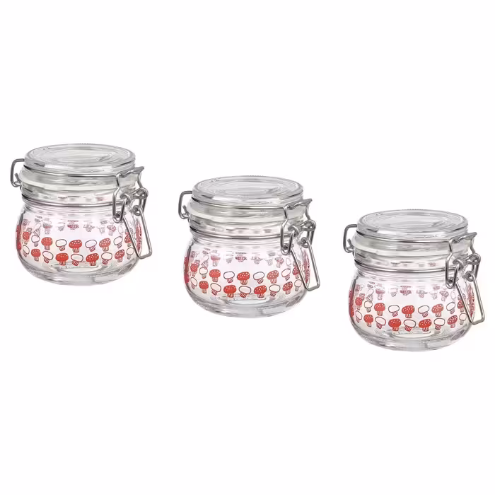 بانکه مربا ایکیا IKEA مدل  korken بسته سه عددی طرح قارچی حجم 130 ml 