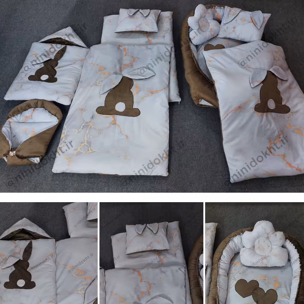 ست تشکگارددار سایز دو بهمراه پتو و ست دمه دستی سایز دو و قنداق فرنگی و آغوشی و بالشت فرمدهی سر نوزاد