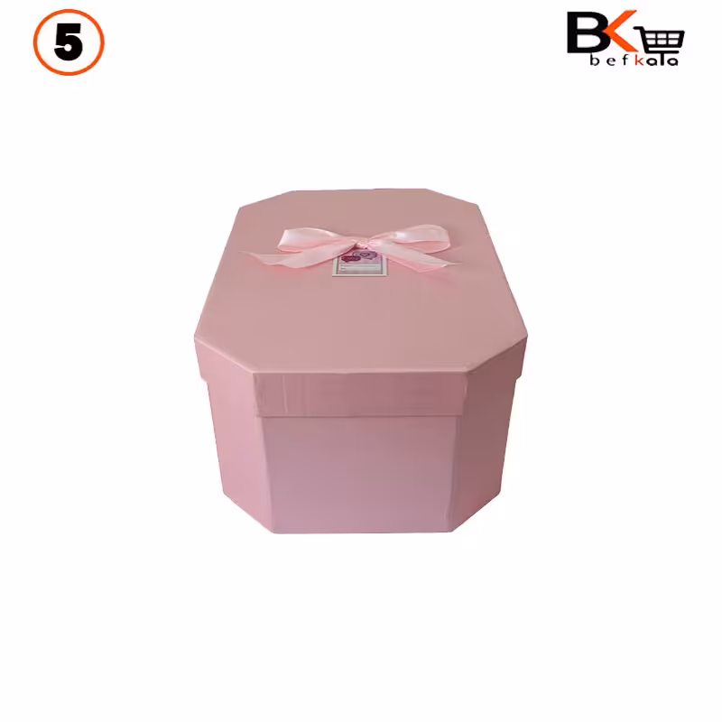 باکس کادویی هشت ضلعی کشیده پاپیون دار صورتی سایز پنج کد 55