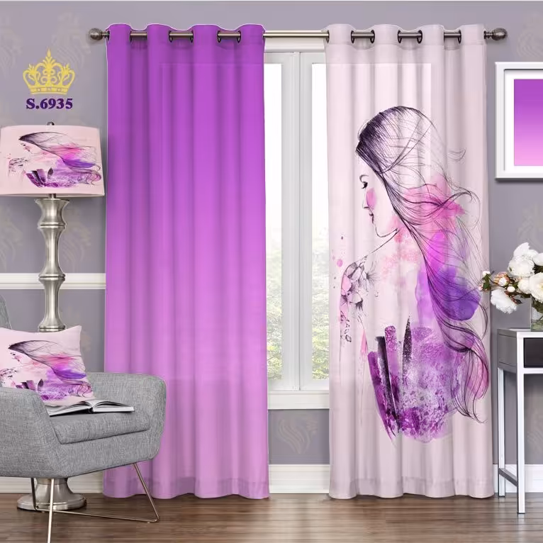 پرده اتاق خواب دخترانه دو قواره پانچ طرح نقاشی خطی زن کد S6935