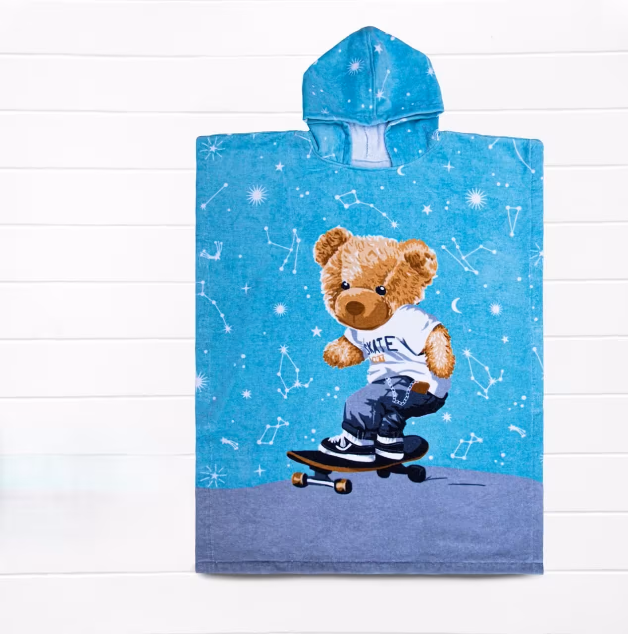 حوله پانچو کودک پودایران طرح تدی سایز 90 ابی