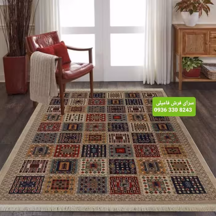 گلیم فرش ماشینی طرح سرامیکی رنگ کرم9متری مخصوص اشپزخانه و اتاق