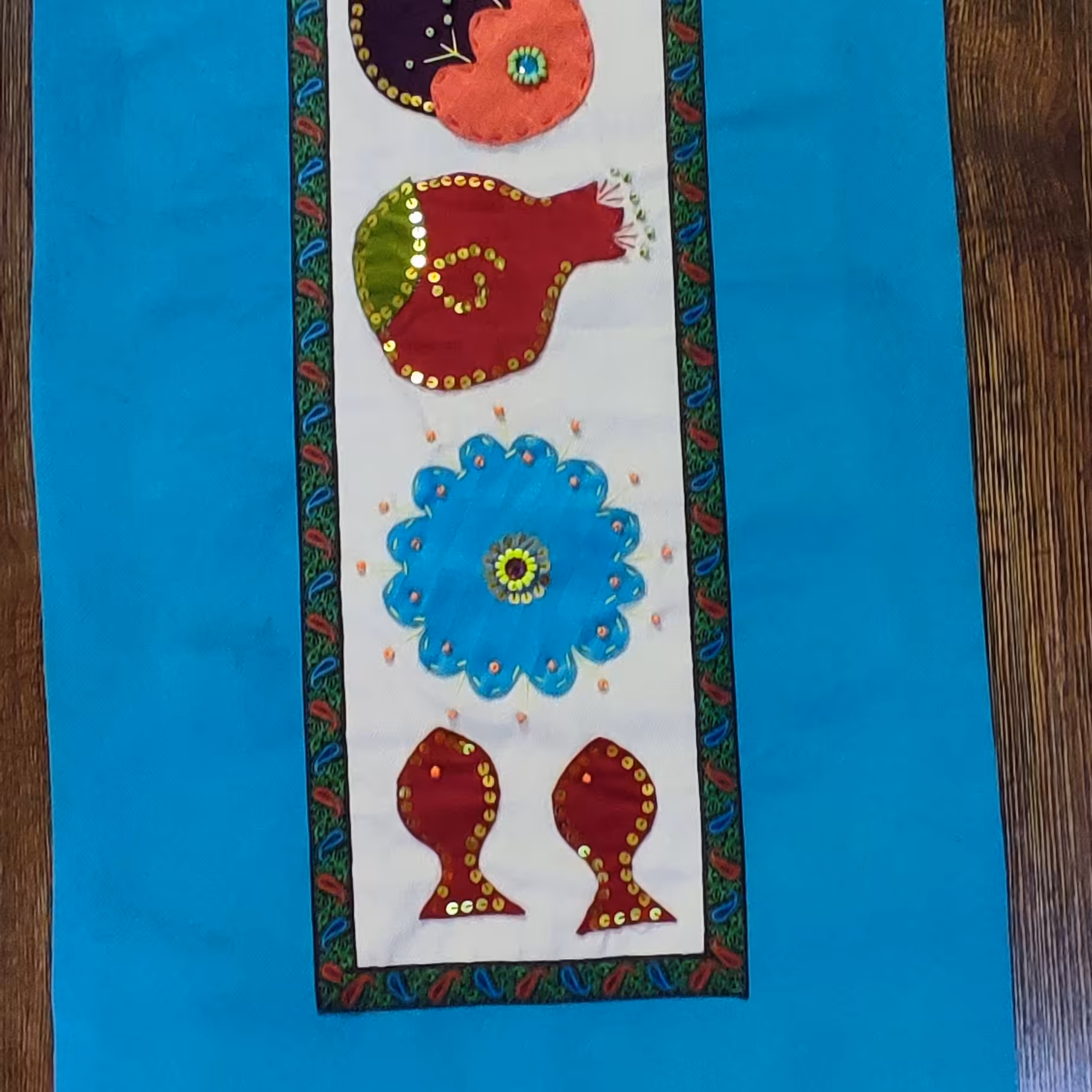 رانر طرح انار و جقه، رنگ فیروزه ای،  آستر شده ، در ابعاد 45 در 85سانت، 