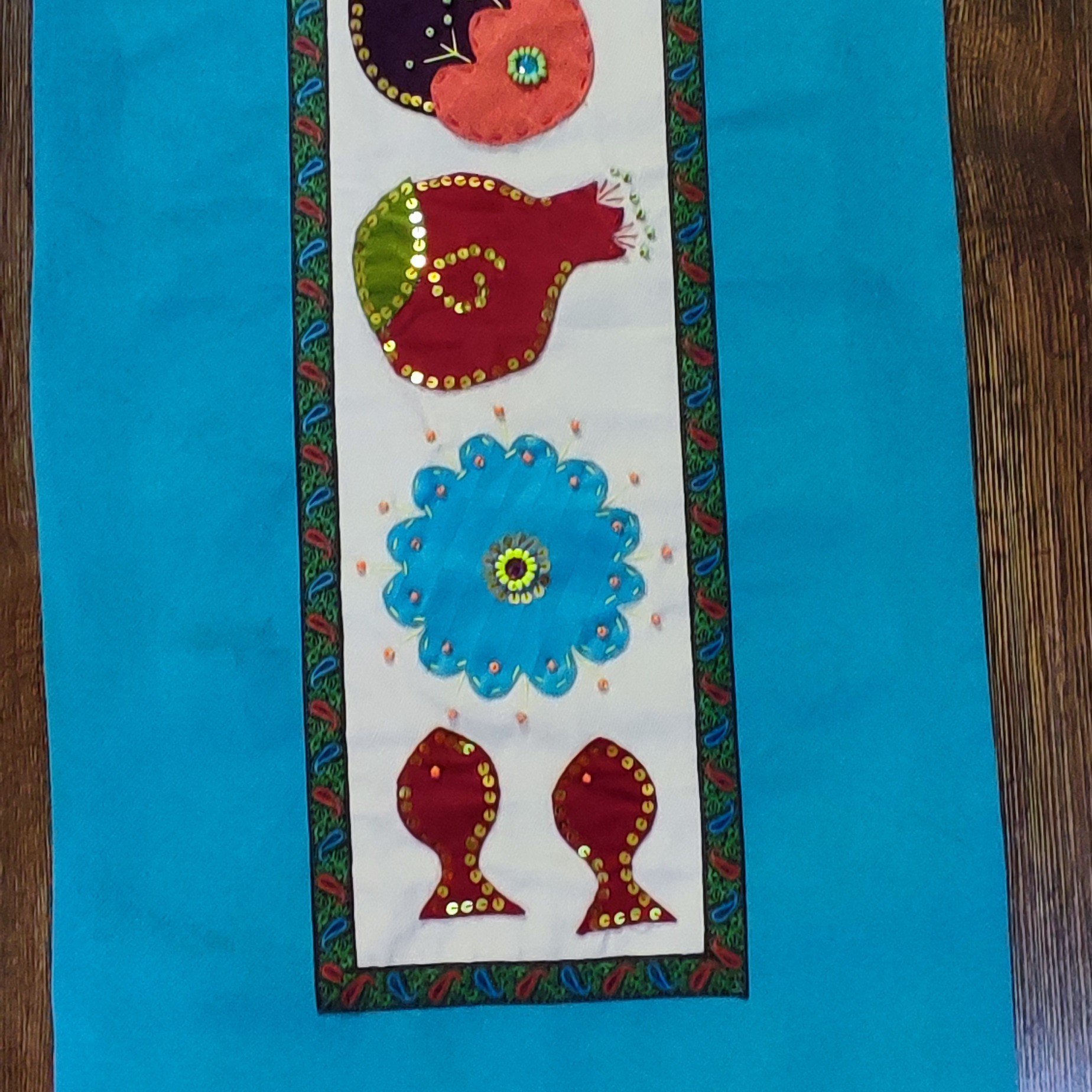 رانر طرح انار و جقه، رنگ فیروزه ای،  آستر شده ، در ابعاد 45 در 85سانت، 