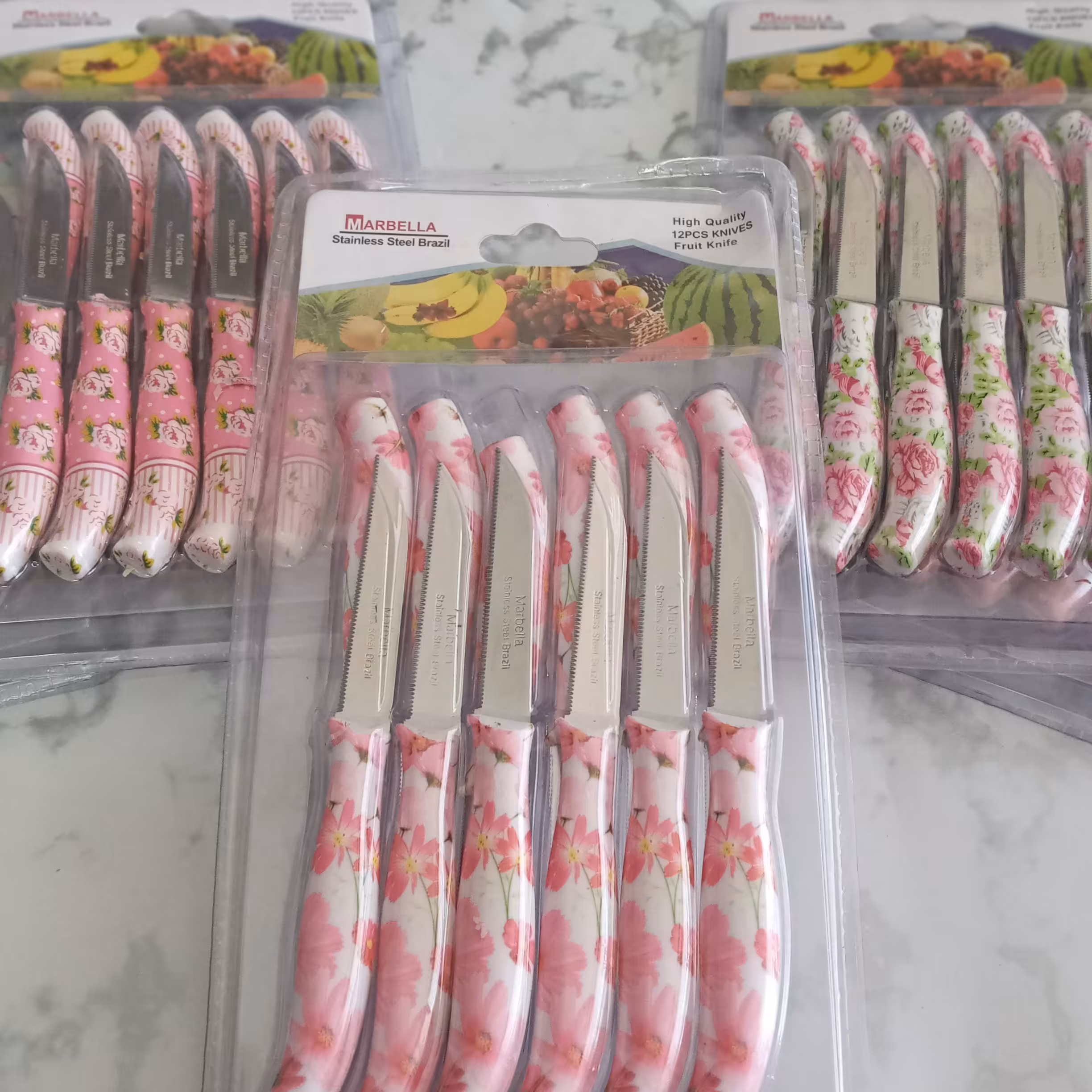 کارد میوه خوری 12 عددی مارک ماربلا طرح گل دار  تیغه ثابت 