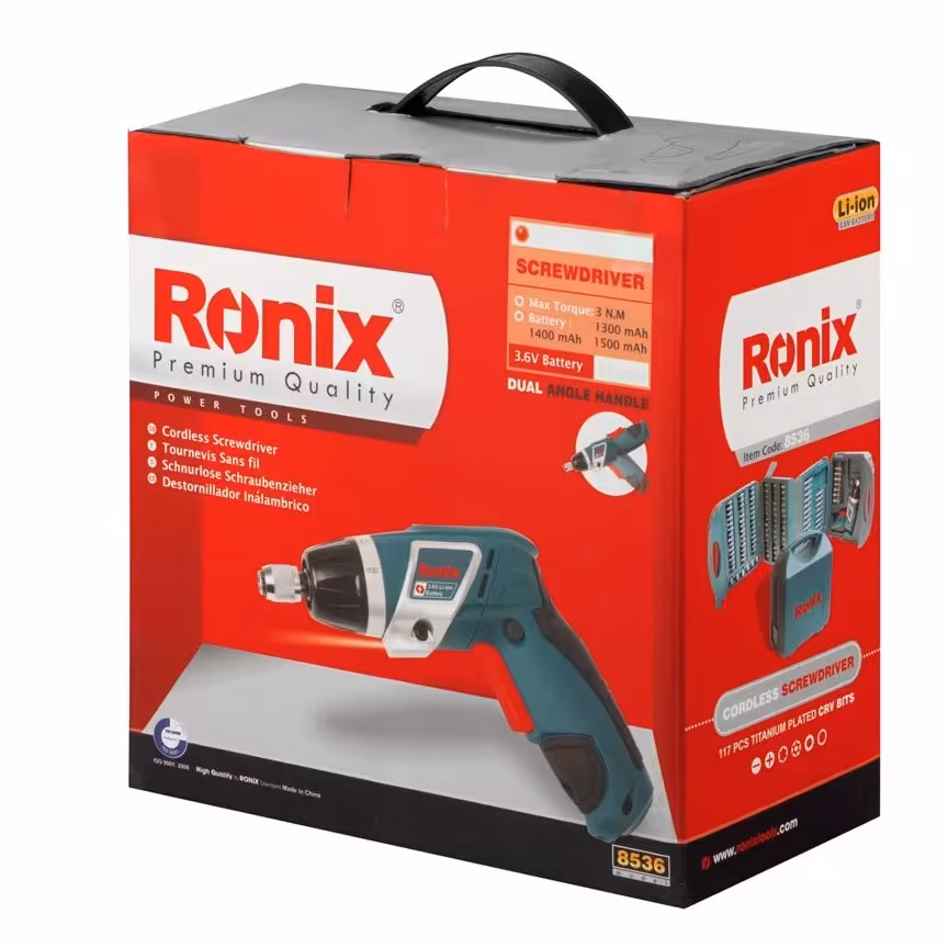 کیت کامل دریل پیچ گوشتی شارژی تاشو 117پارچه3.6 ولت رونیکس مدل8536 با باتری سامسونگ