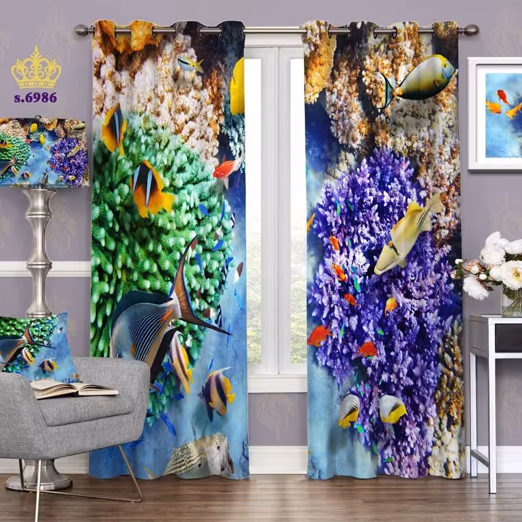 پرده اتاق خواب دو قواره پانچ حیوانات طرح ماهی آکوایومی کد S6986