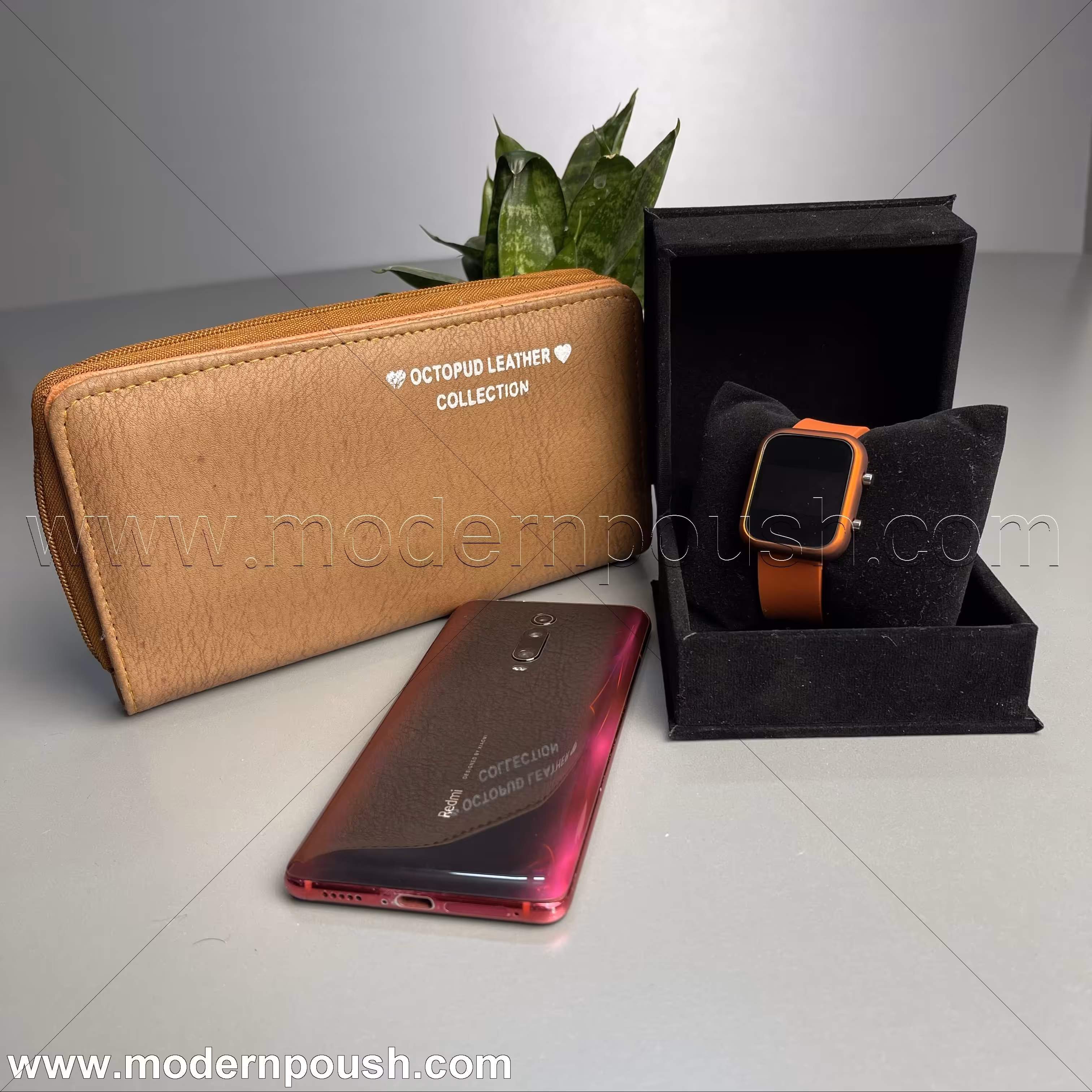 ست ساعت طرح اپل واچ  و کیف پول (جا موبایلی) رنگ شکلاتی مناسب هدیه و  کادو