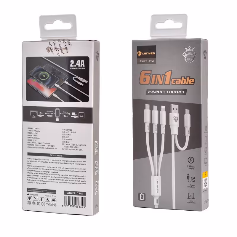 کابل تبدیل USB USB-C به لایتنینگmicroUSBUSB-C لنیز مدل LC945 طول 1.2 متر