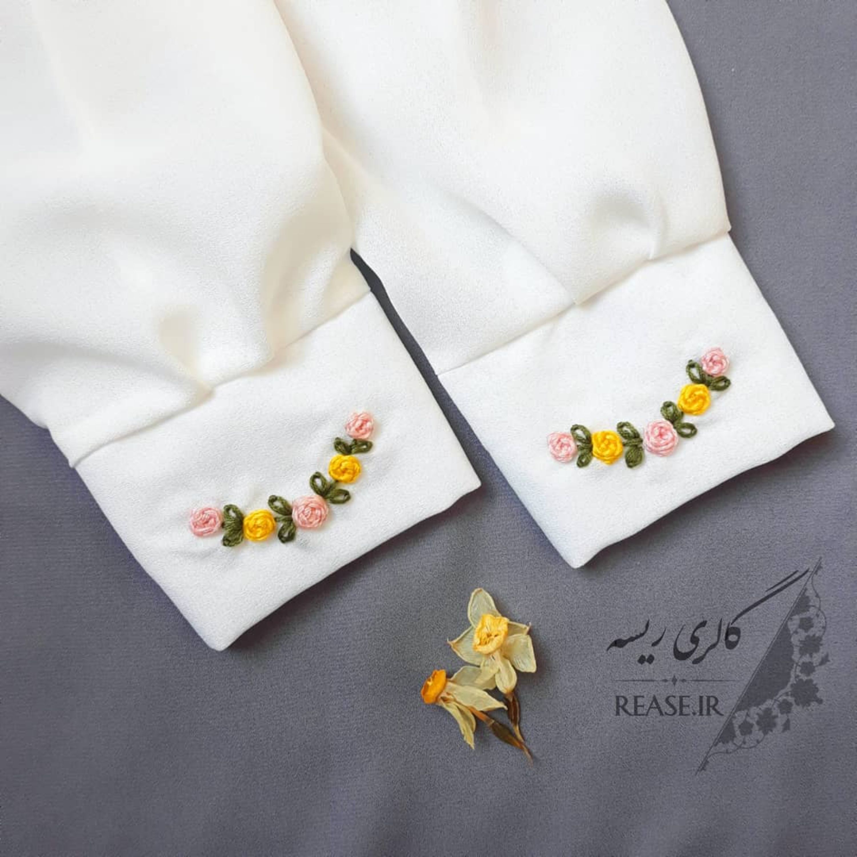 ساق دست کرپ حریر سفید گلدوزی شده