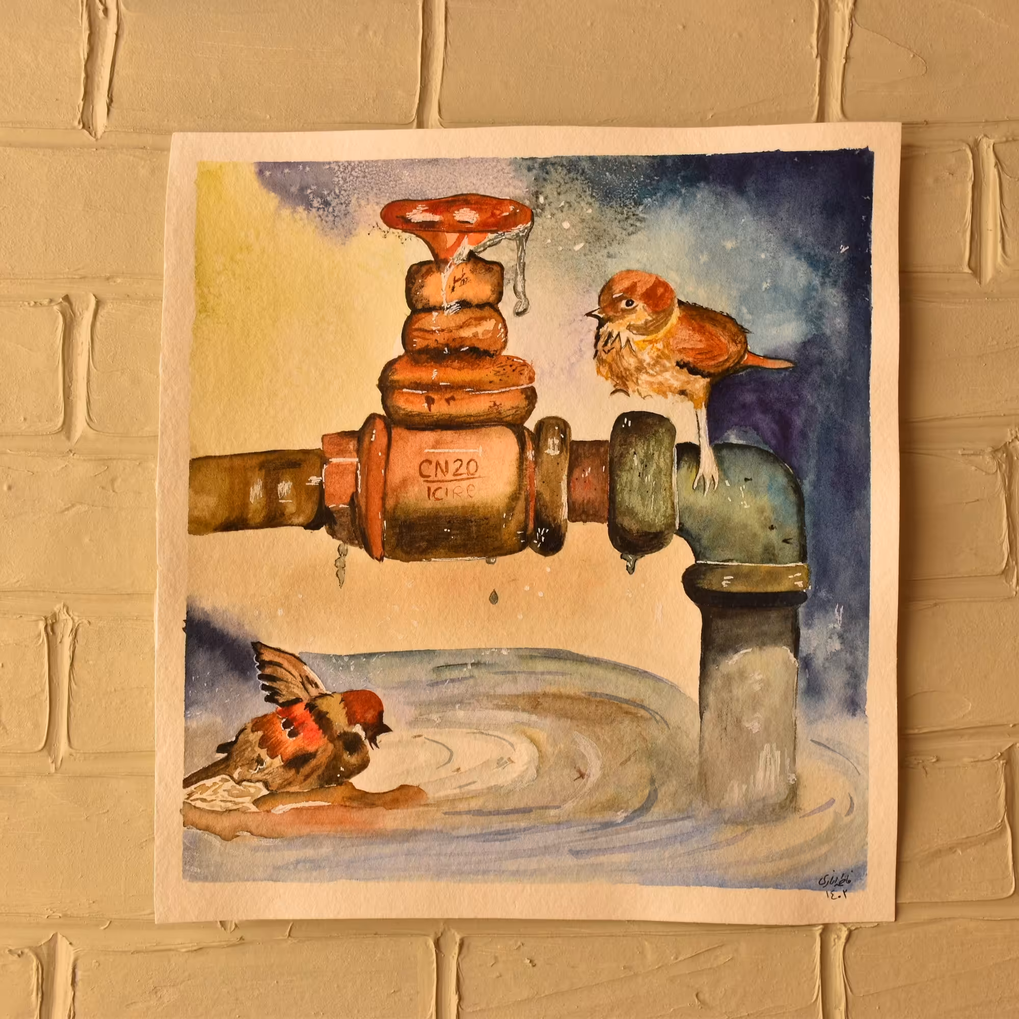 تابلو نقاشی آبرنگ طرح گنجشک