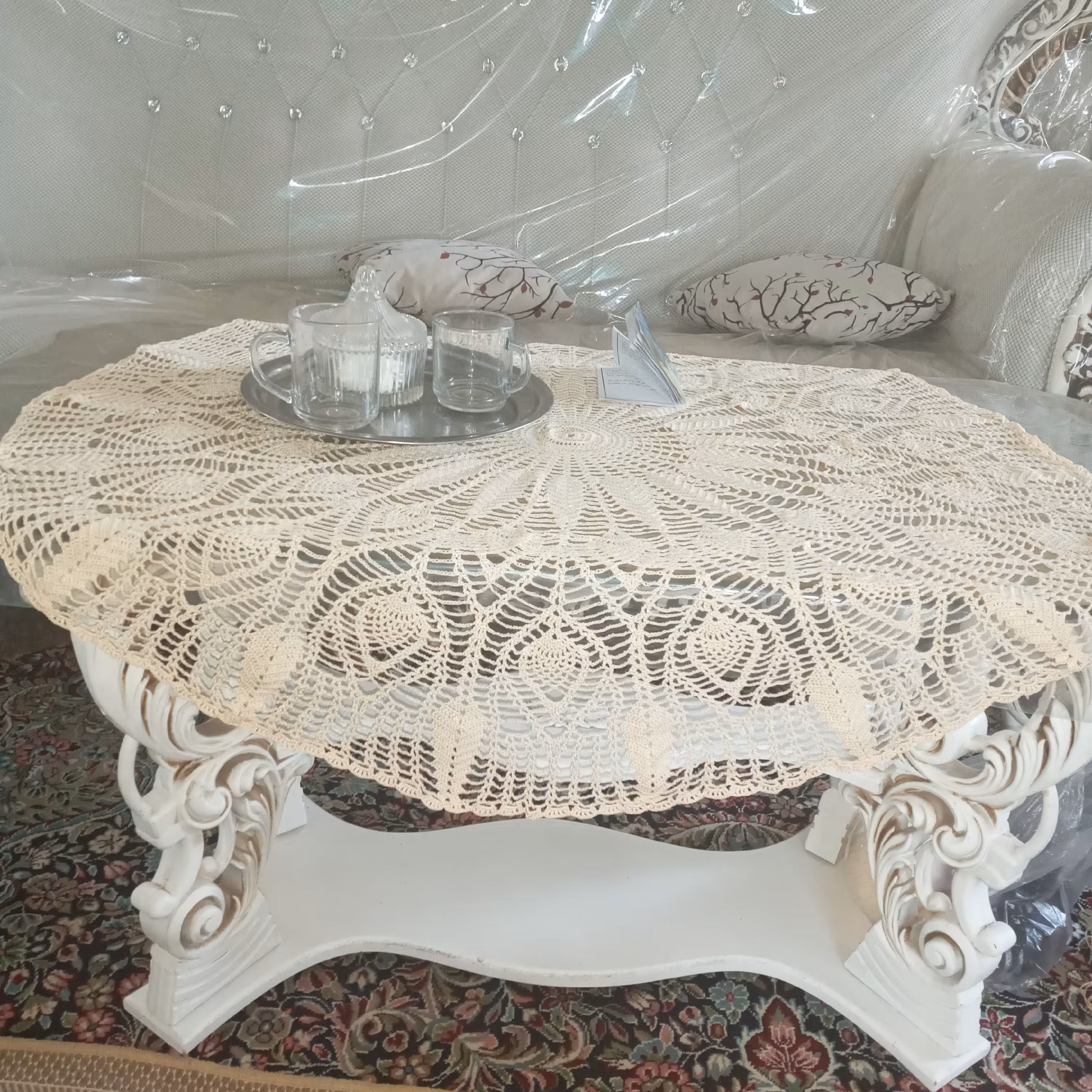 رومیزی قلاب بافی کرم صورتی کوچک و بزرگ در طرحهای مختلف