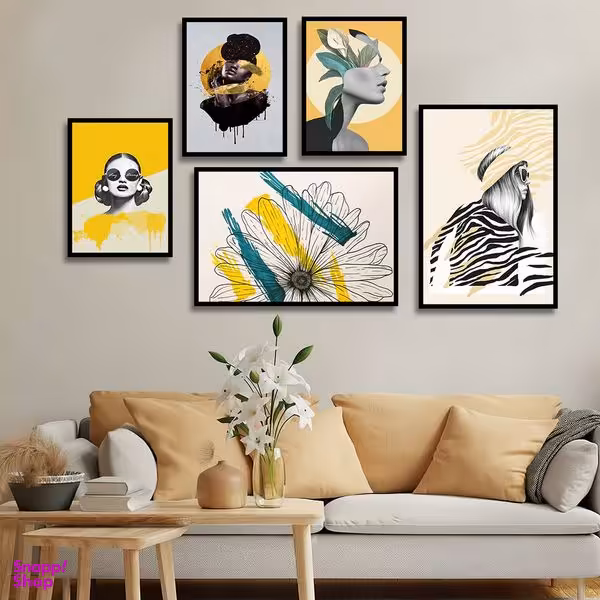 تابلو بکلیت طرح نقاشی مدرن چهره و گل مدل B-1822 مجموعه 5 عددی
