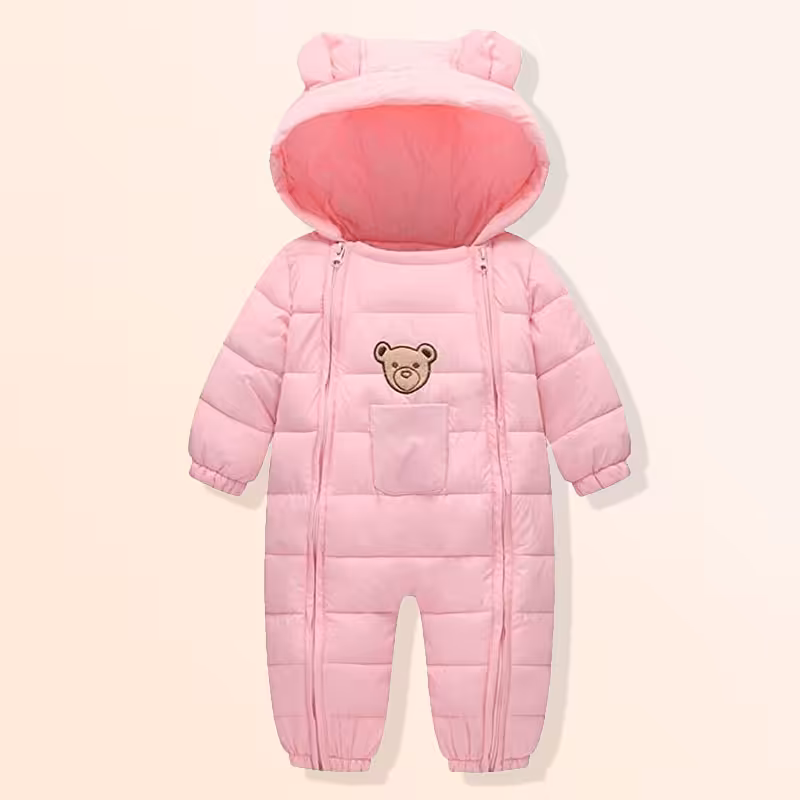 کاپشن سرهمی کلاه دار نوزادی دخترانه صورتی طرح خرس