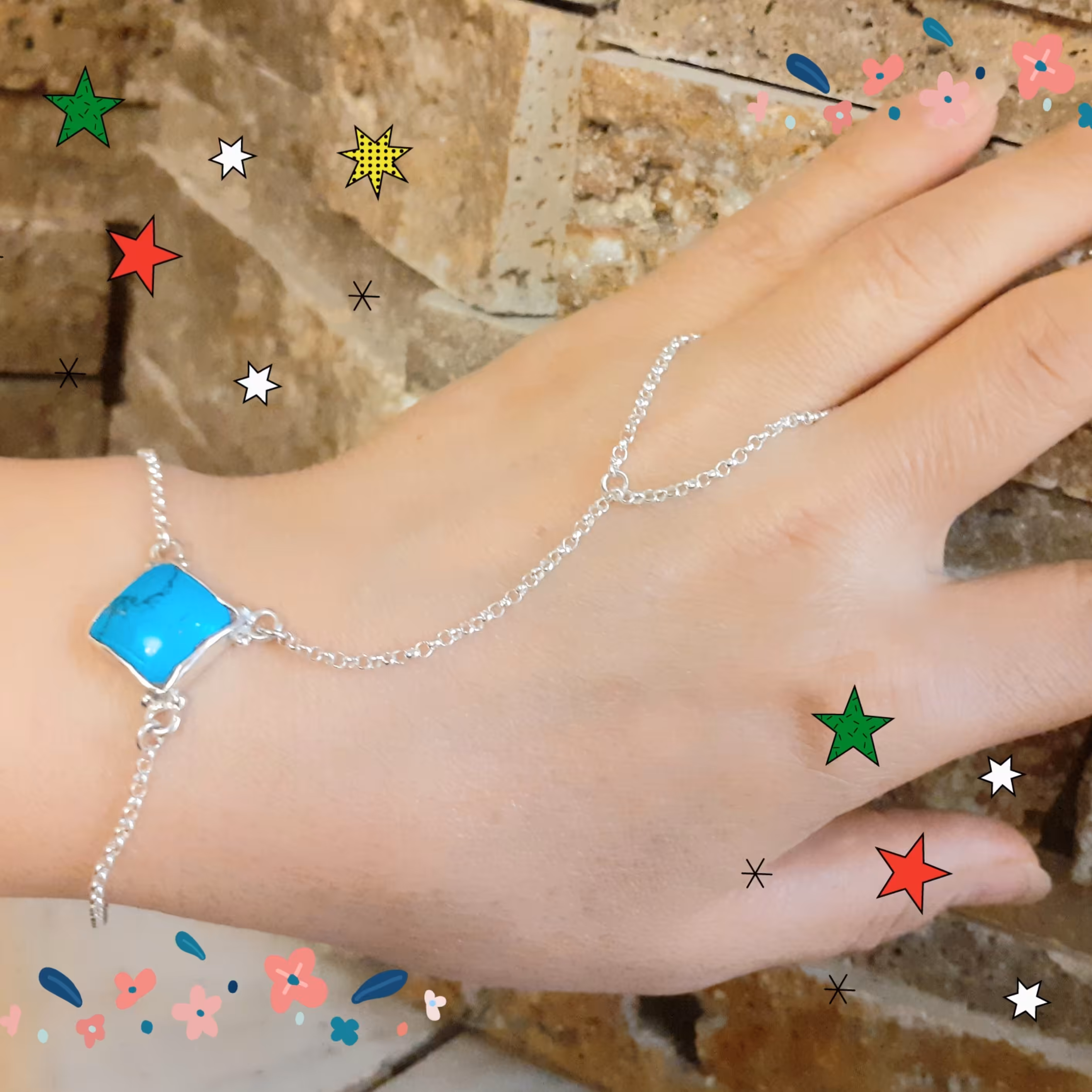 دستبند نقره تمیمه و سنگ فیروزه  شیک وزیبا 