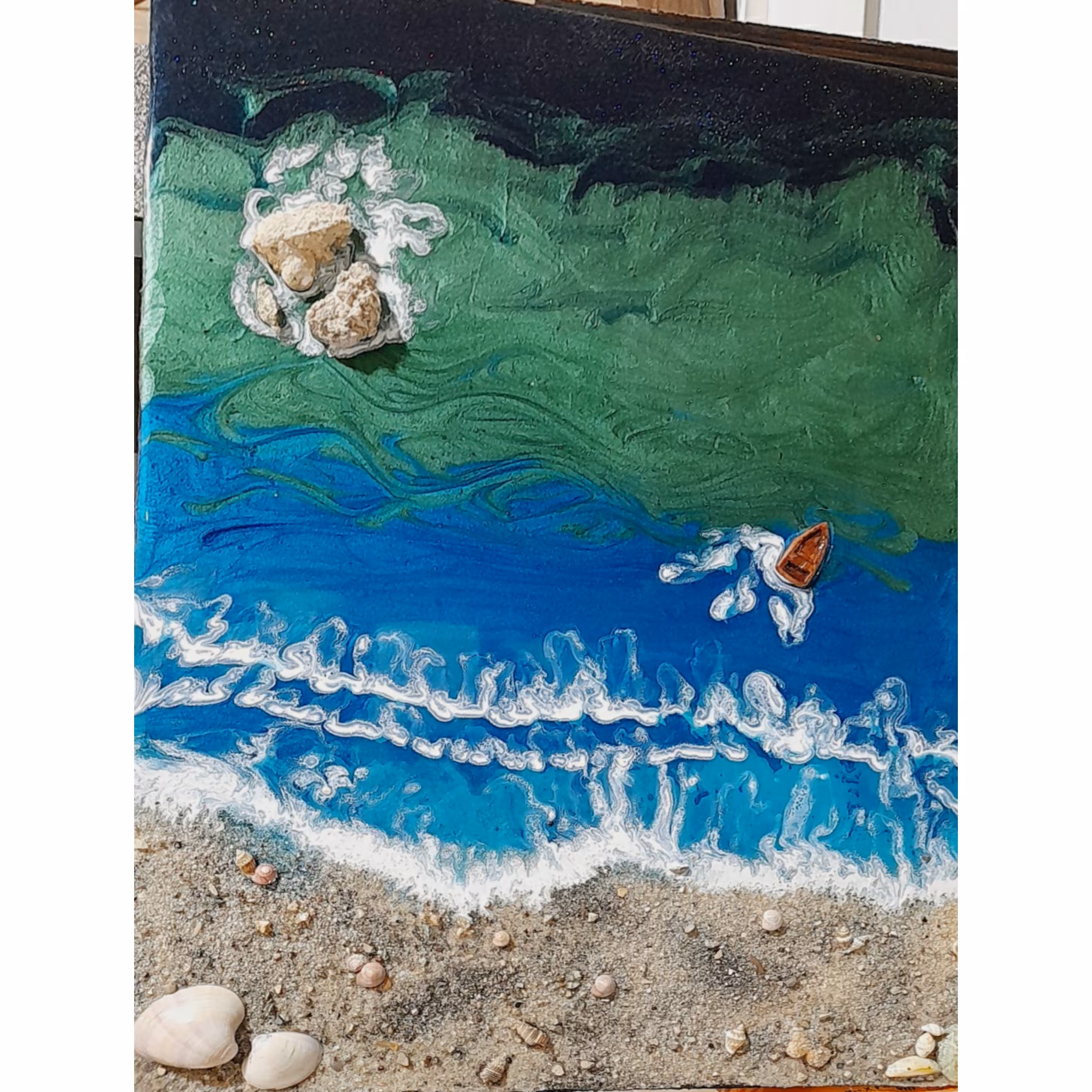 تابلو دریا  رزینی دارای ساحل و قایق 