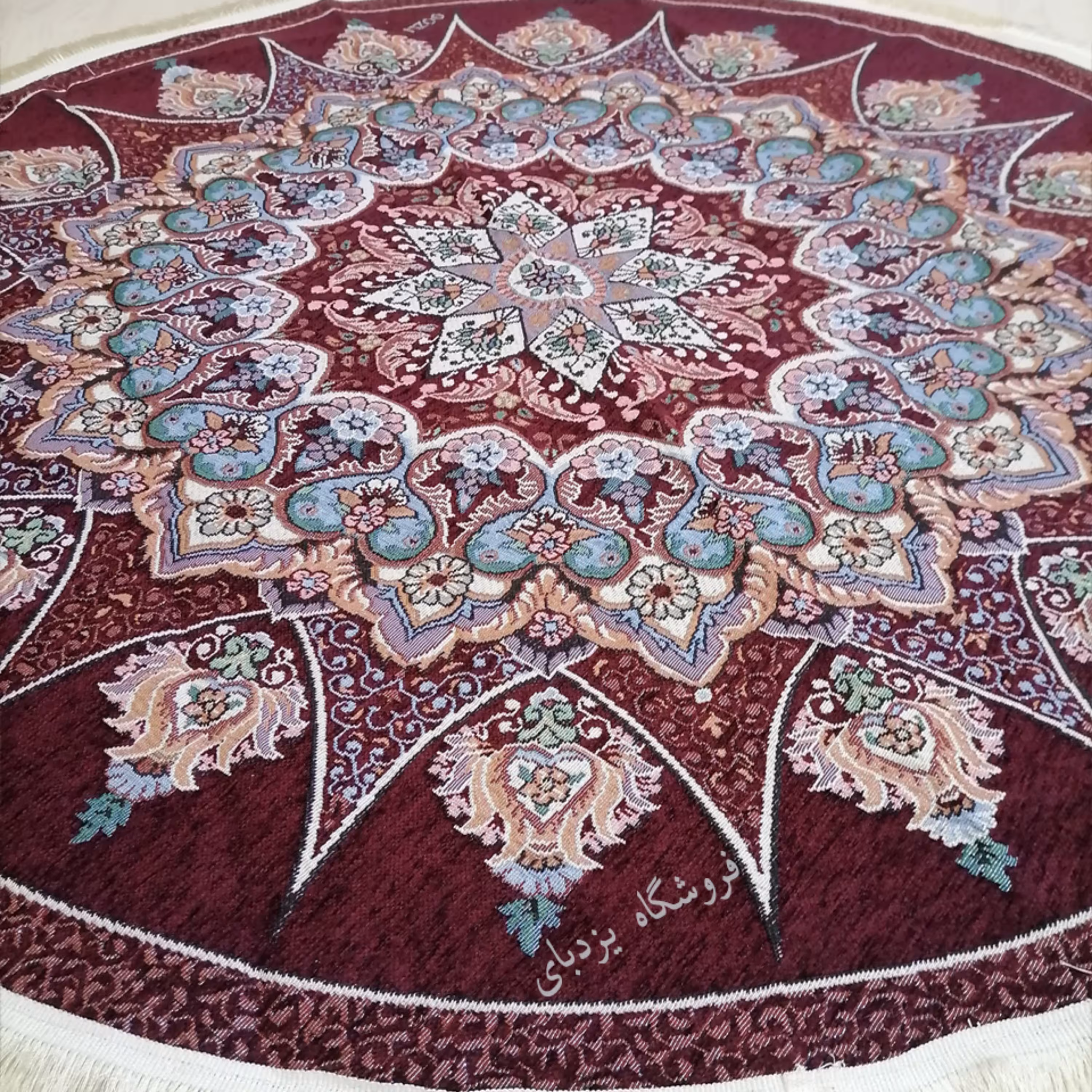 روفرشی مخمل زرکدار گرد طرح خورشیدی مدل ستاره ای با کیفیت عالی رنگ زرشکی (1.5 متری) 