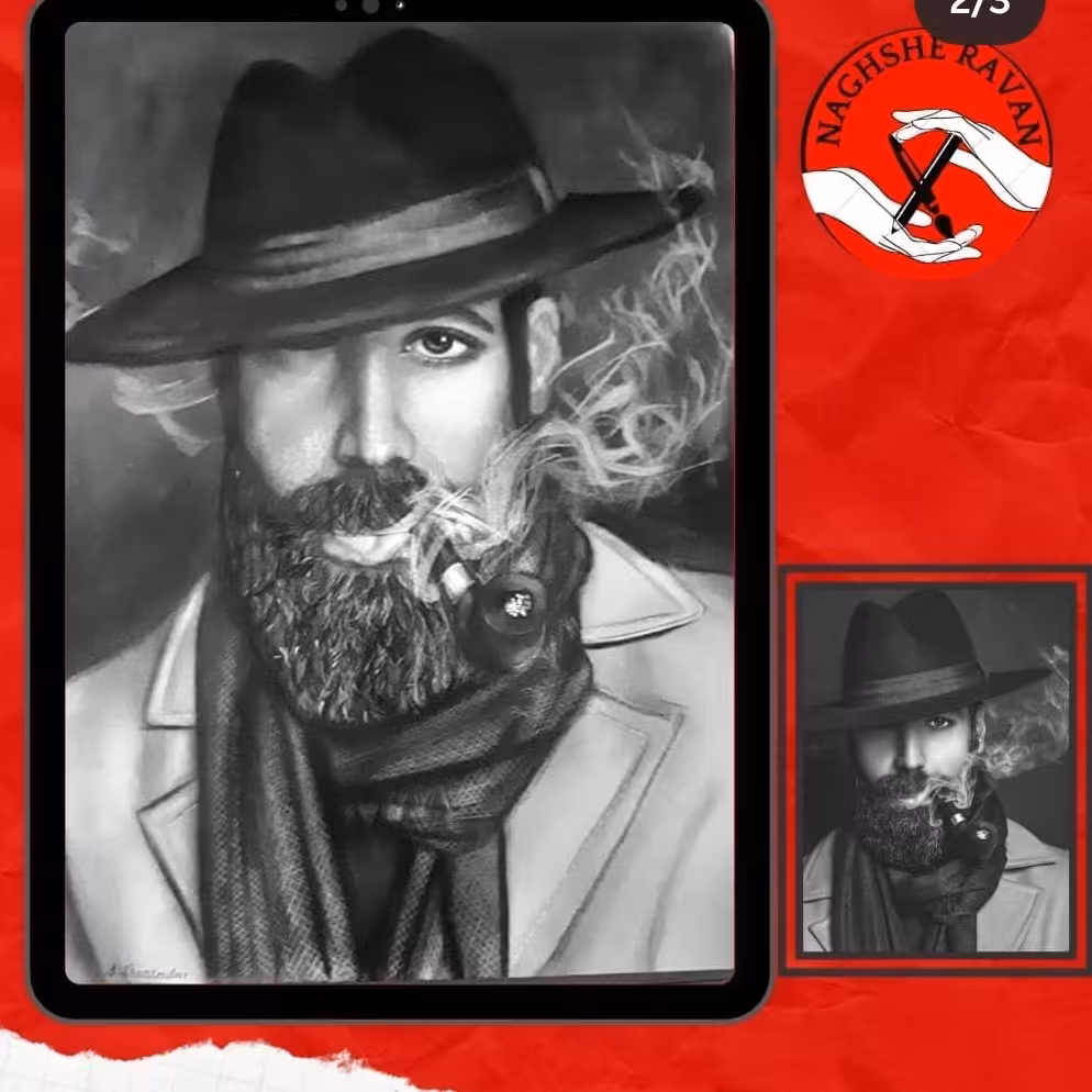 طراحی سیاه قلم چهر مرد با کلاه سایز a3