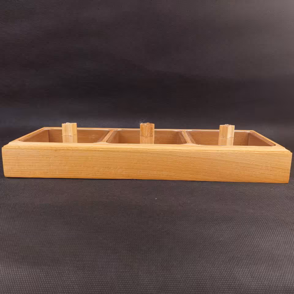 تیبگ چوبی درب طلقی ،مدل مستطیل ،سه خانه ،مناسب انواع تنقلات ،جنس چوب راش و باکیفیت